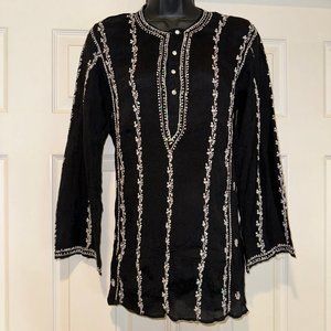 NWOT Black Sequined White Embroidery Boho Kurta Tunic Top XS S Lightweight